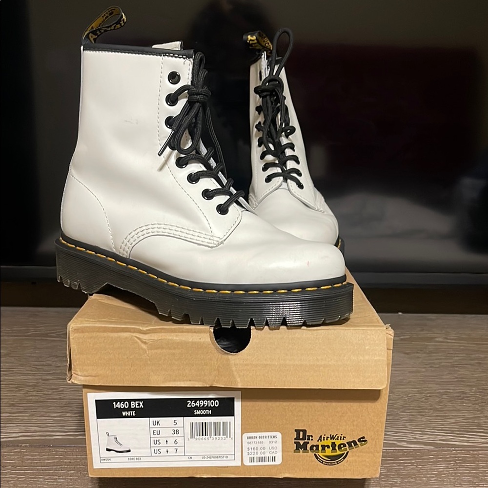Dr. Martens White Leather Boots with Black Laces women 7 and mens 6